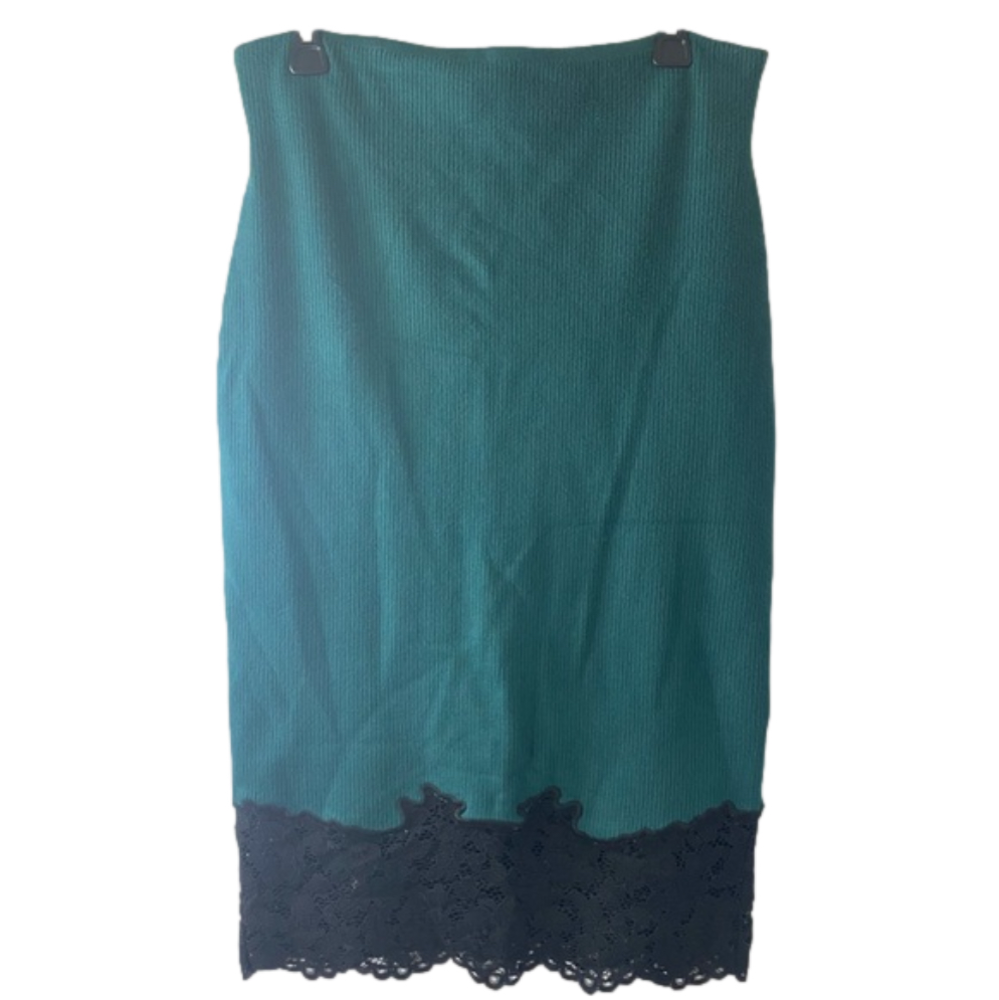 Express Green Ribbed Black Lace Hem High Waist Long Pencil Skirt NWT Size L